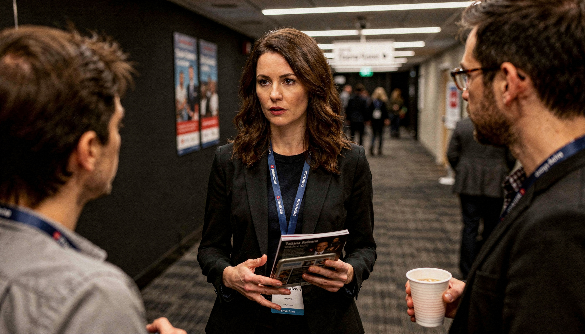 Tatiana Ardenne speaking with Janus Earth attendees while holding event materials