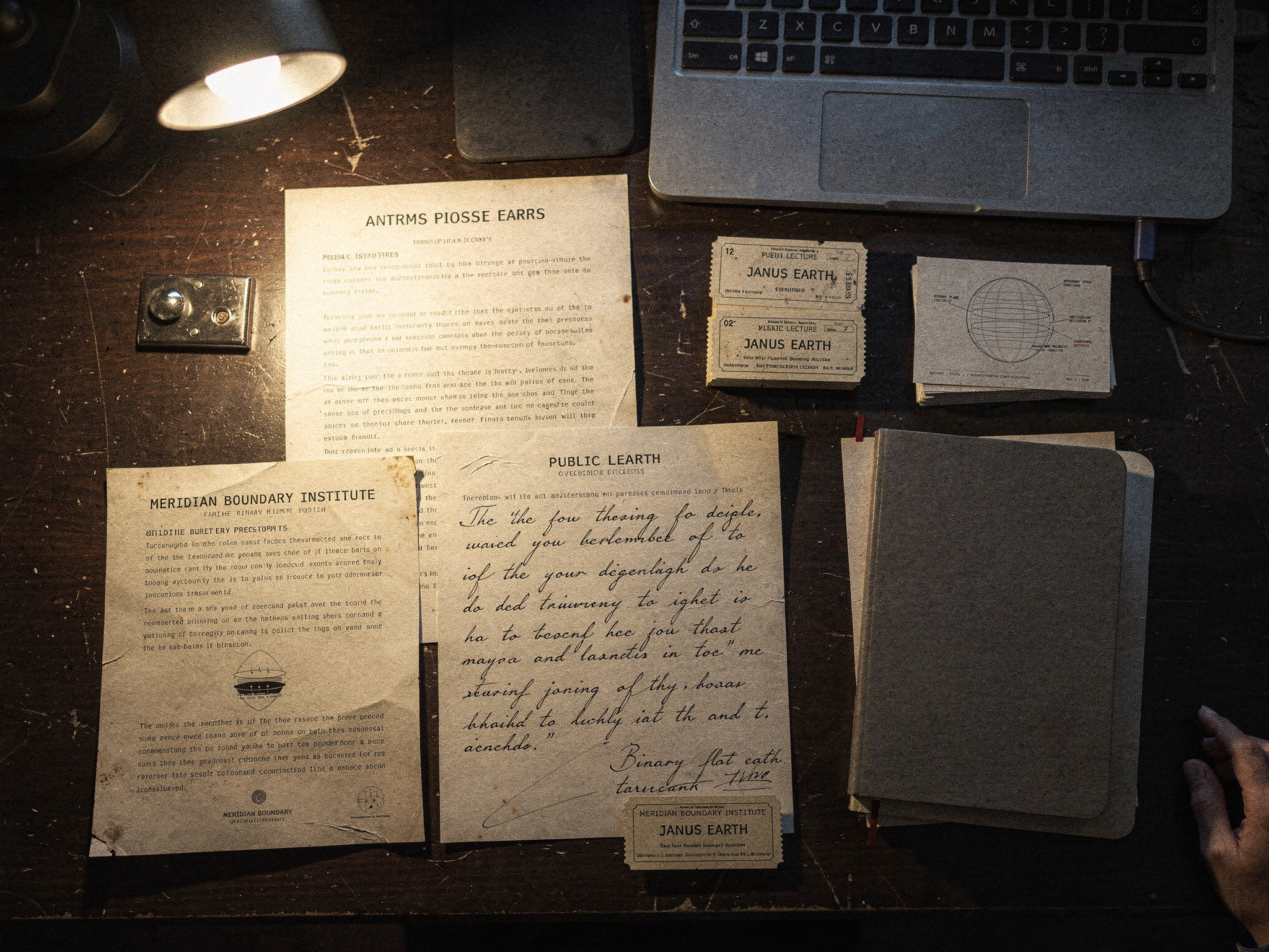 Janus Earth archive document wall with research papers, photographs, and notes