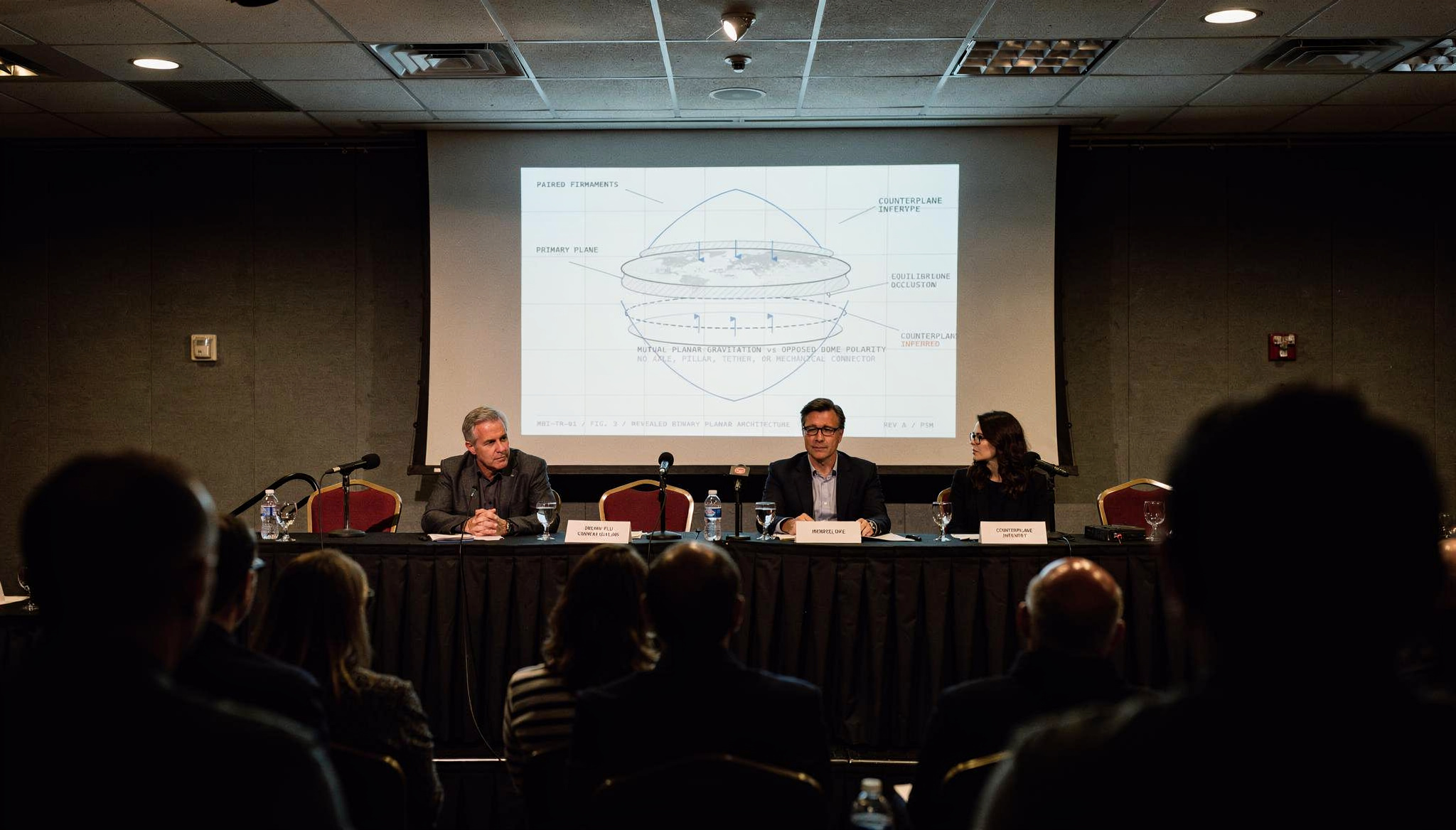 Wide Janus Earth panel room with speakers seated before a projected model diagram
