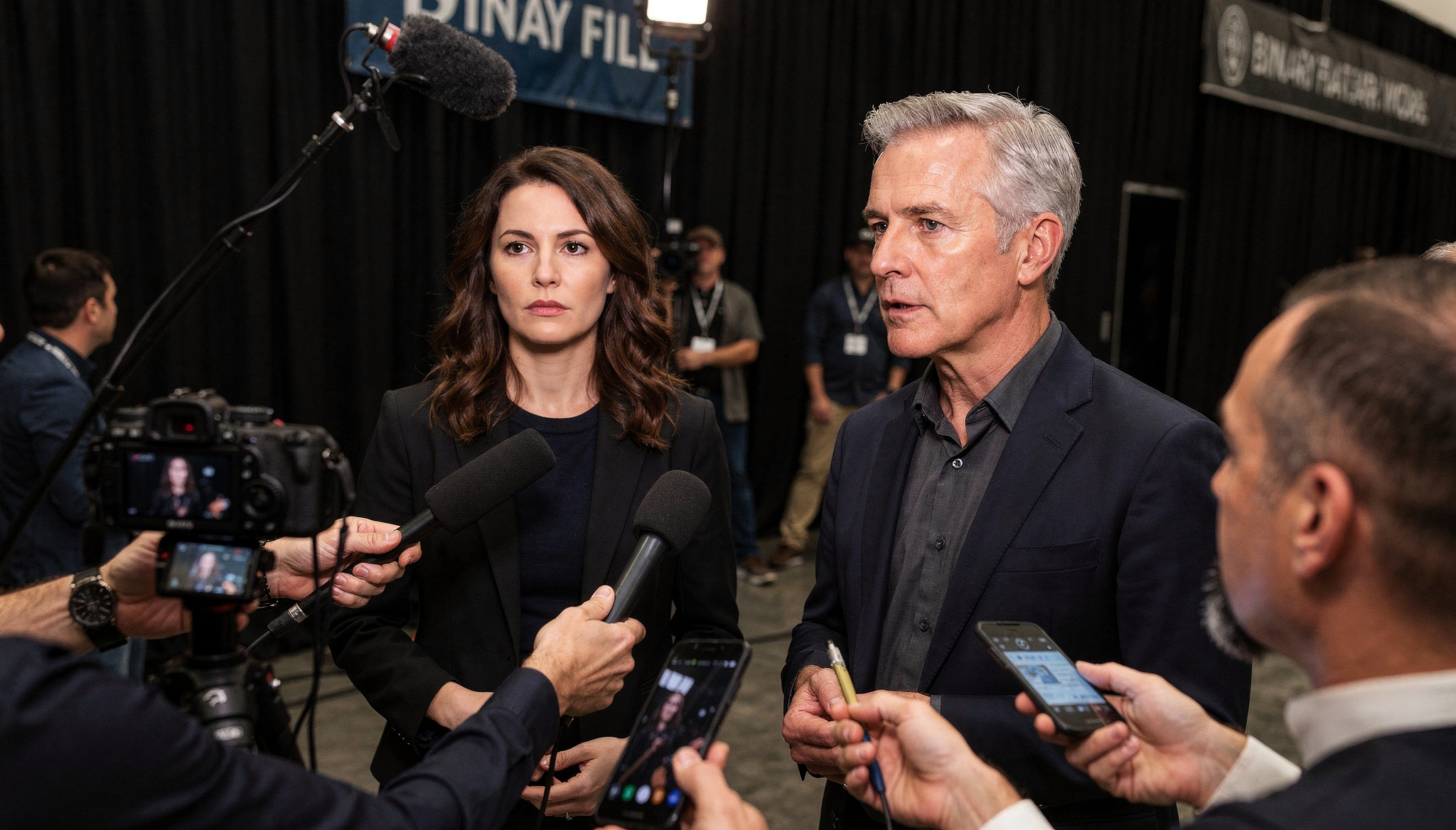 Julian Mercer and Tatiana Ardenne facing reporters and recording devices after a Janus Earth public session