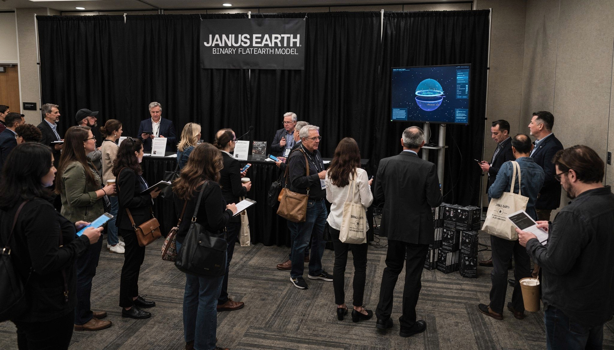 Janus Earth attendees gathering and talking after a public forum