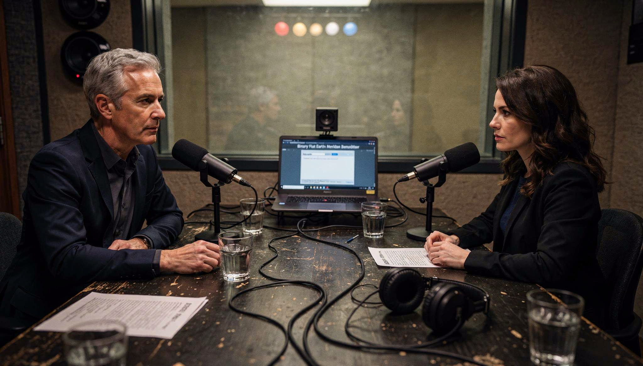 Julian Mercer and Tatiana Ardenne seated at a recorded radio interview table during a Janus Earth media session