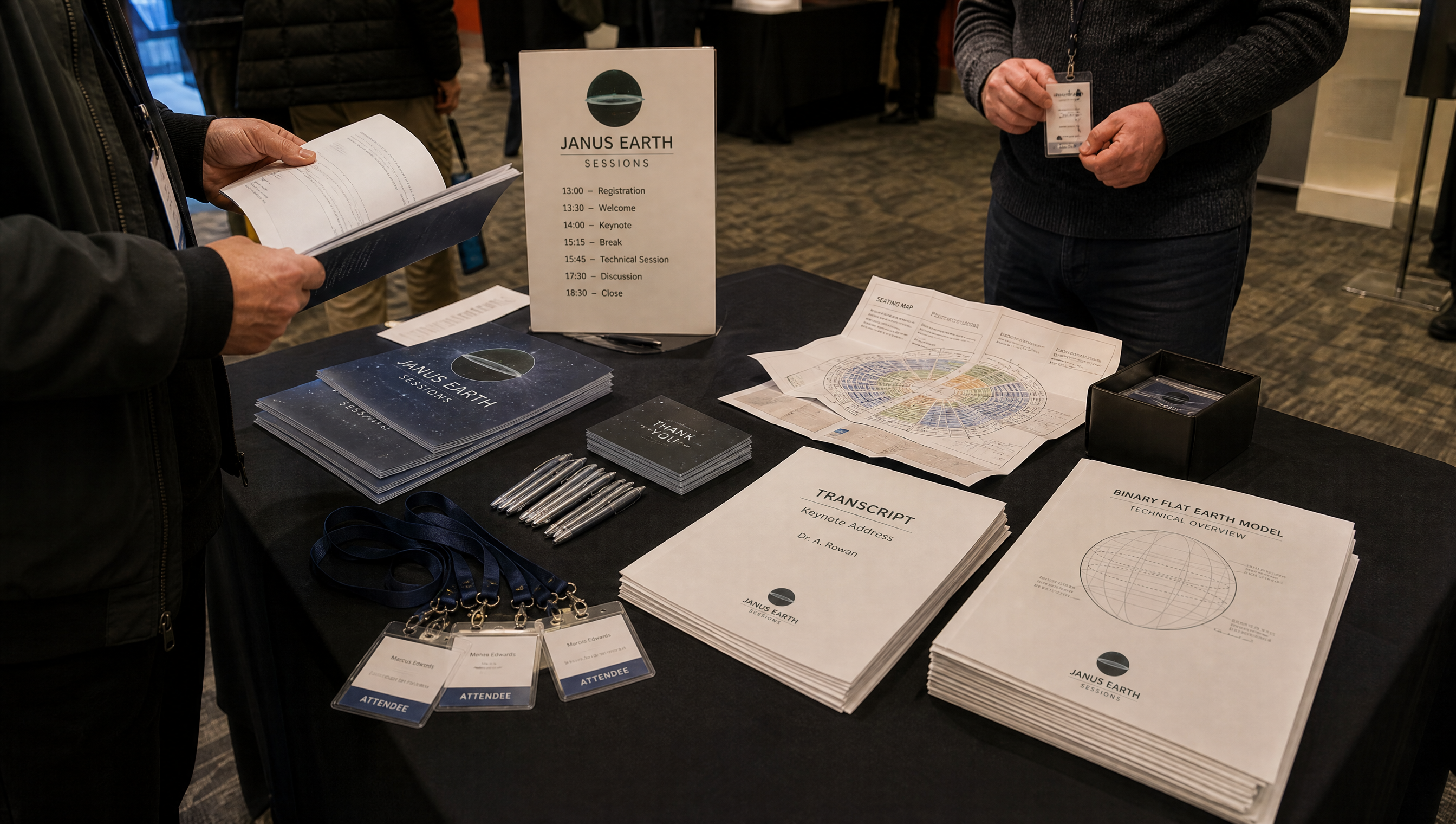 Hands sorting Janus Earth registration materials and printed public-record documents