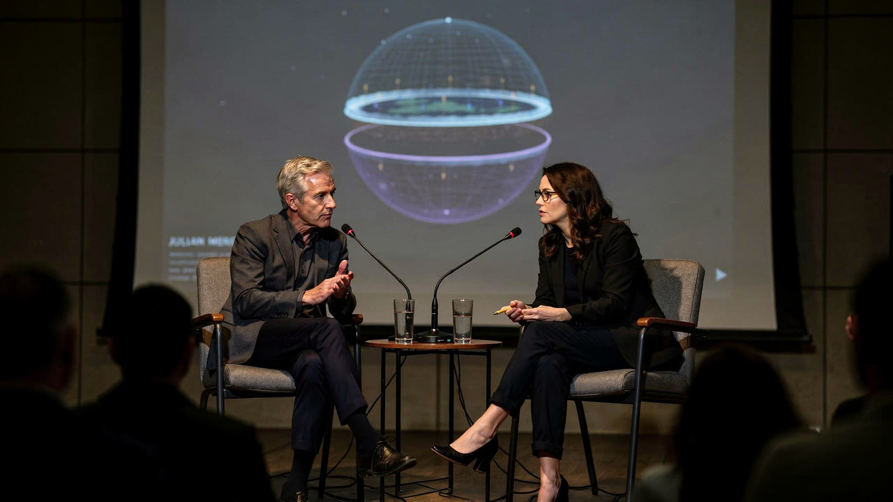 Janus Earth hero film still featuring Julian Mercer and Tatiana Ardenne with the Binary Flat Earth Model